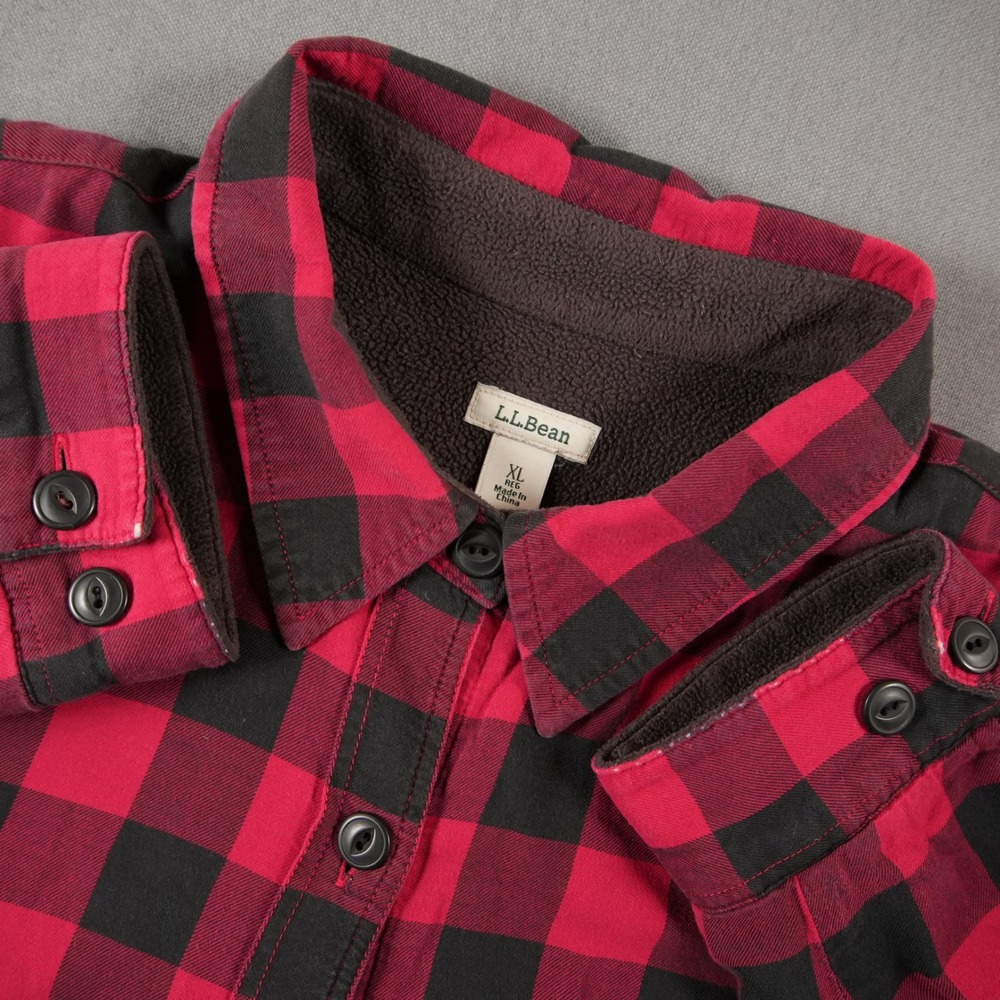 LL Bean Lined Buffalo Check Plaid Fleece Flannel Mens Overshirt Shacket Shirt XL
